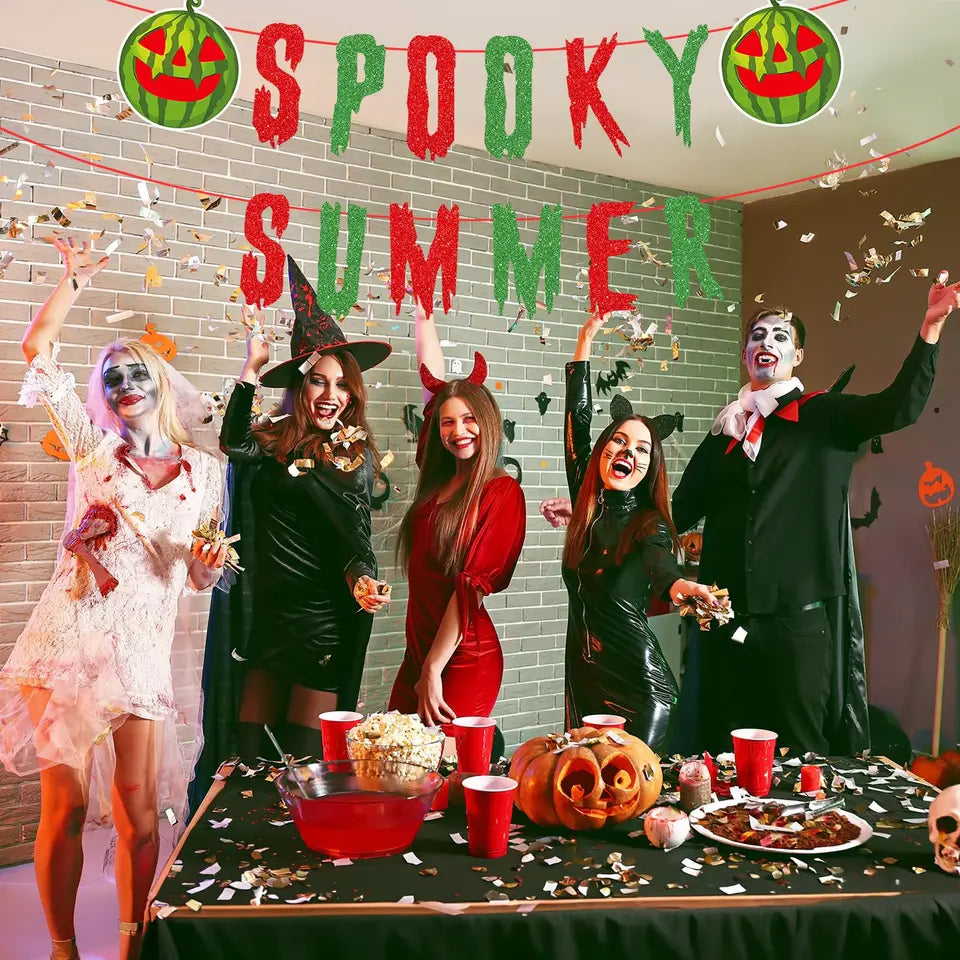Pre Strong Hot Ghoul Summer Banner Glitter Summerween Hawaii Pool Party Banner, Funny Spooky Summers  Halloween Decorations