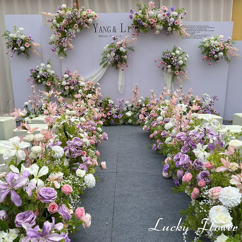 Purple Pink Outdoor Wedding Decoration Artificial Flowers Hang Flower Row Road Lead Flower Ball Floral Backdrop Decor Floor Row