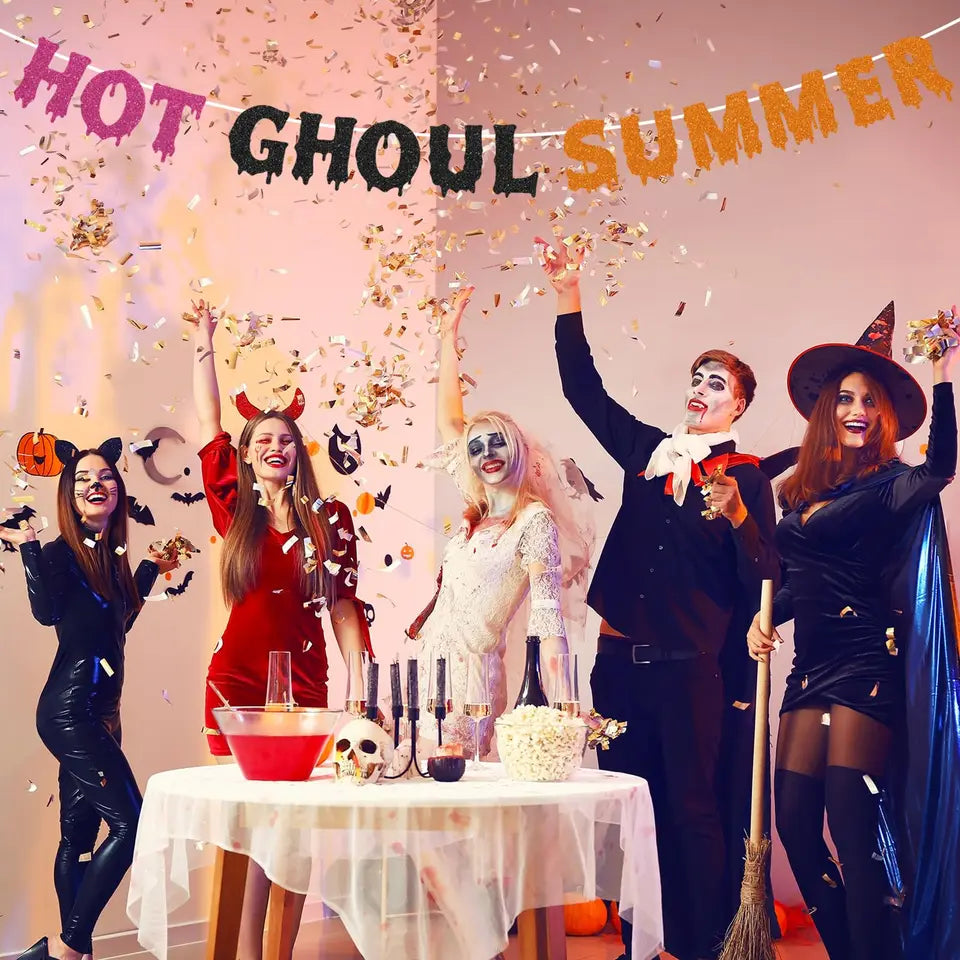 Pre Strong Hot Ghoul Summer Banner Glitter Summerween Hawaii Pool Party Banner, Funny Spooky Summers  Halloween Decorations