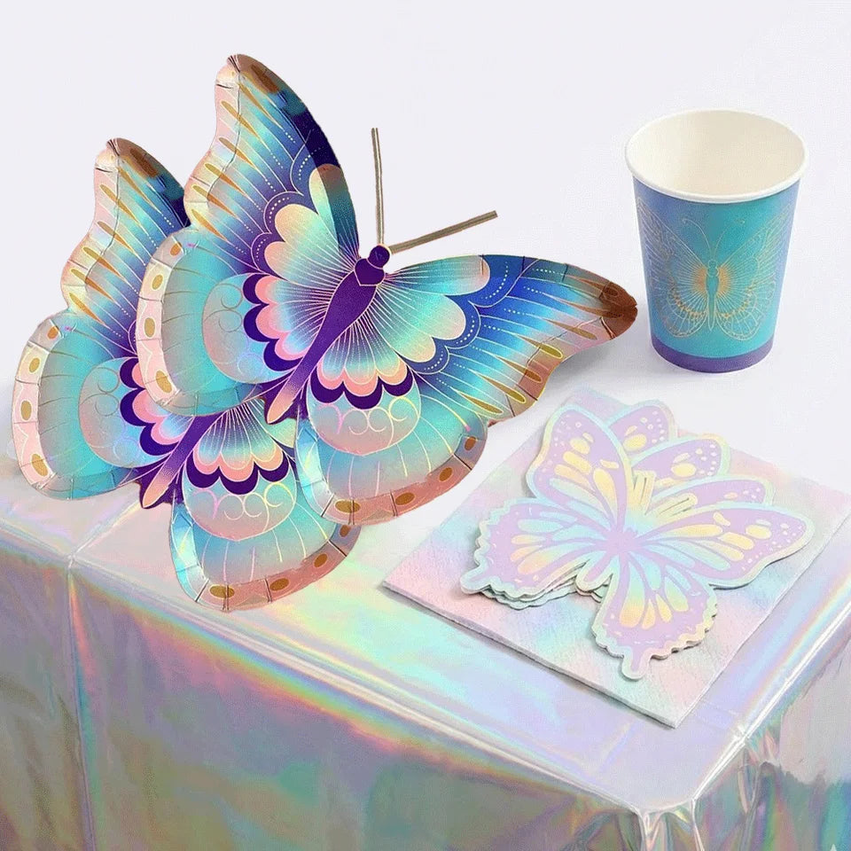 Butterfly Party Decor Colorful Glittering Tablecloths Butterfly-Shaped Plates Napkins Spring Picnic Camping Birthday Party Decor