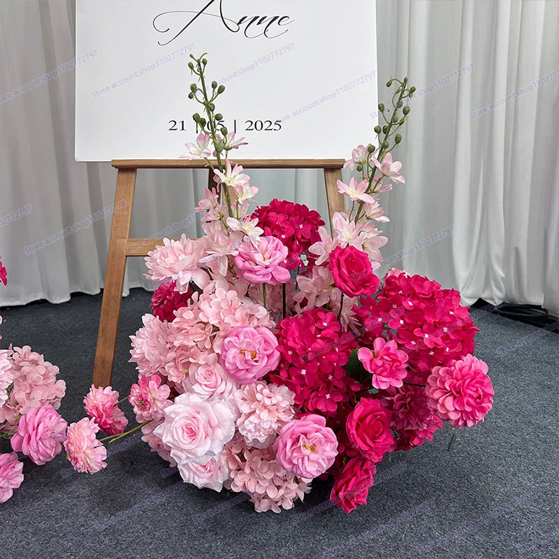 5D Floral Row Hot pink Hydrangea Pompom Rose Wedding Backdrop Arch KT Board Decor Banquet Floor Flower Party Prop Window Display