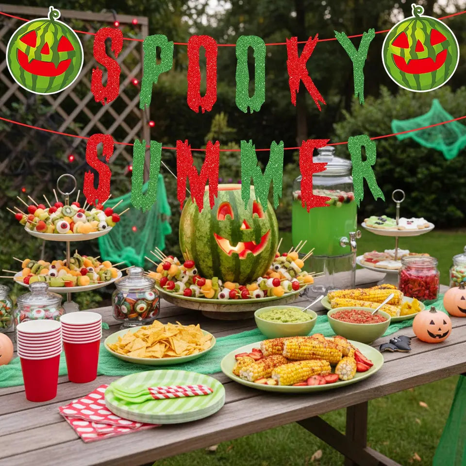 Pre Strong Hot Ghoul Summer Banner Glitter Summerween Hawaii Pool Party Banner, Funny Spooky Summers  Halloween Decorations