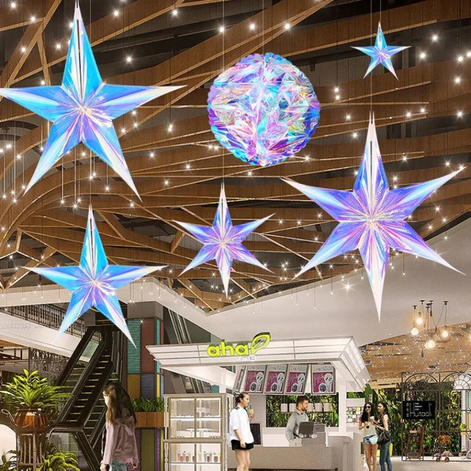 Christmas Star/Ball Hanging Ornament Shiny Laser Star Pendant Neon Color Film Paper Ball for Birthday Wedding Party Decoration