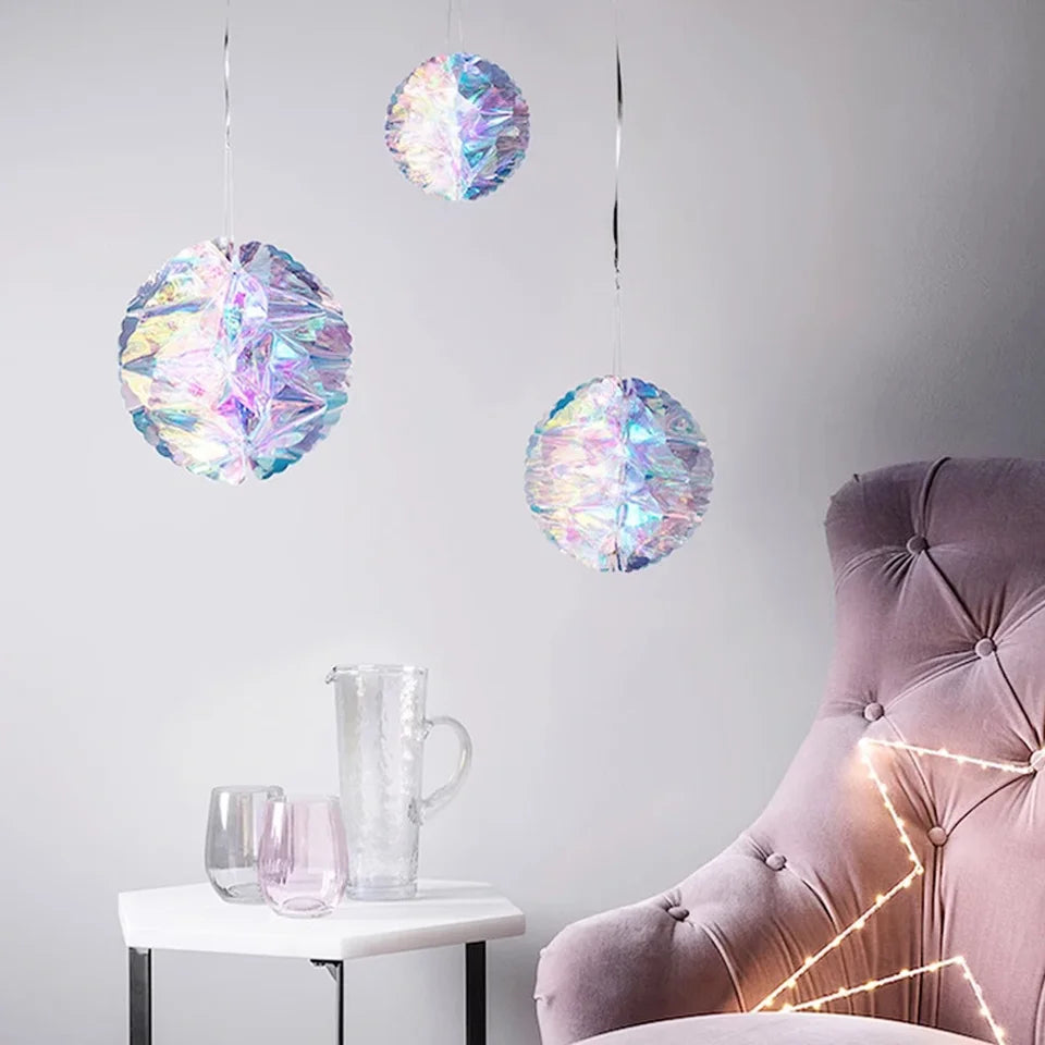 Christmas Star/Ball Hanging Ornament Shiny Laser Star Pendant Neon Color Film Paper Ball for Birthday Wedding Party Decoration