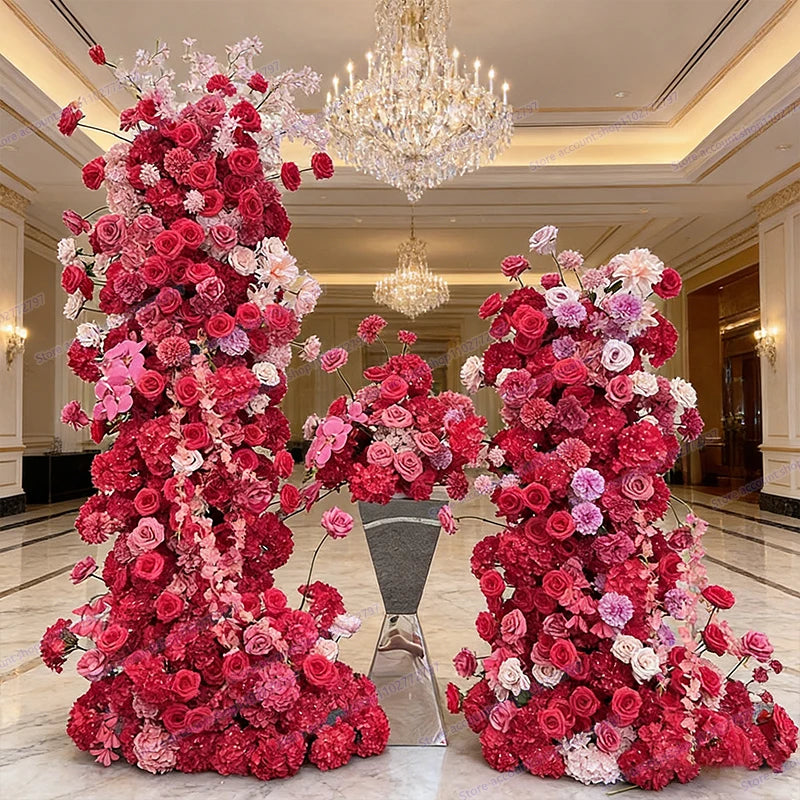 5D Floral Row Hot pink Hydrangea Pompom Rose Wedding Backdrop Arch KT Board Decor Banquet Floor Flower Party Prop Window Display