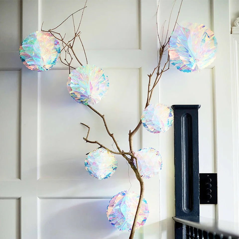 Christmas Star/Ball Hanging Ornament Shiny Laser Star Pendant Neon Color Film Paper Ball for Birthday Wedding Party Decoration