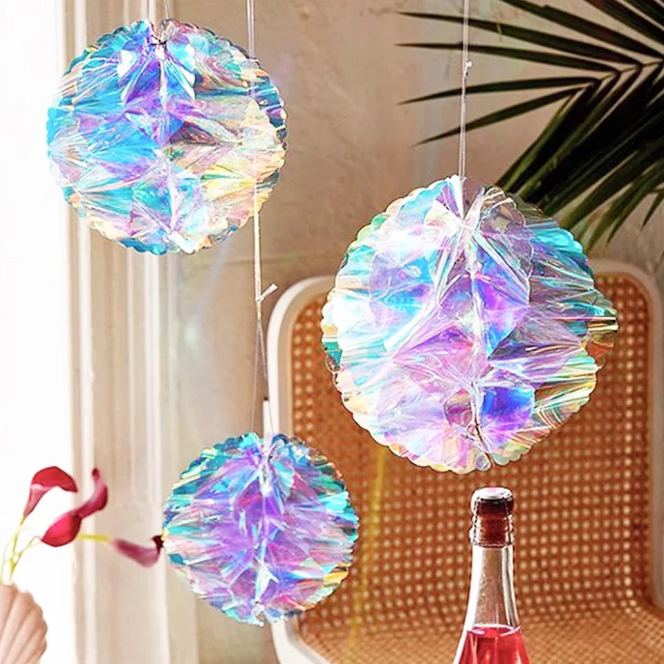 Christmas Star/Ball Hanging Ornament Shiny Laser Star Pendant Neon Color Film Paper Ball for Birthday Wedding Party Decoration