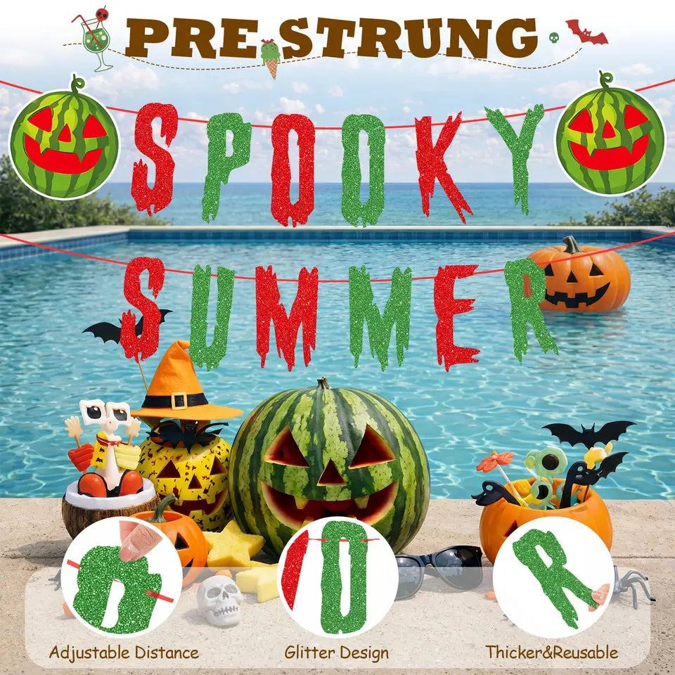 Pre Strong Hot Ghoul Summer Banner Glitter Summerween Hawaii Pool Party Banner, Funny Spooky Summers  Halloween Decorations