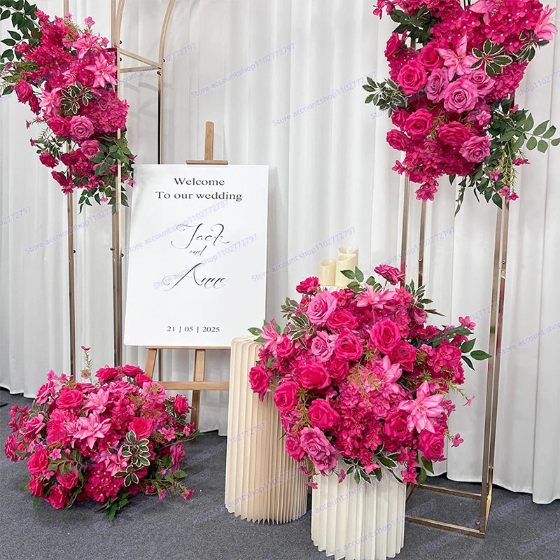 5D Floral Row Hot pink Hydrangea Pompom Rose Wedding Backdrop Arch KT Board Decor Banquet Floor Flower Party Prop Window Display