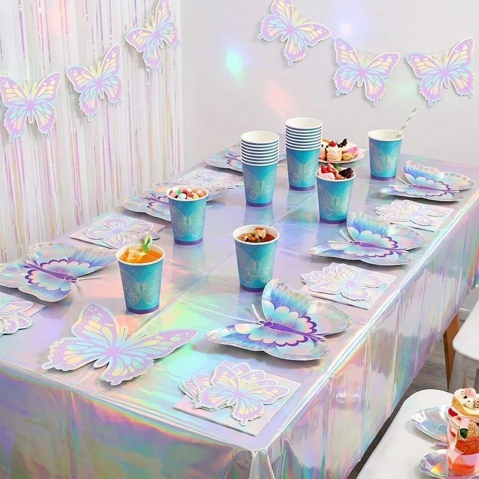 Butterfly Party Decor Colorful Glittering Tablecloths Butterfly-Shaped Plates Napkins Spring Picnic Camping Birthday Party Decor