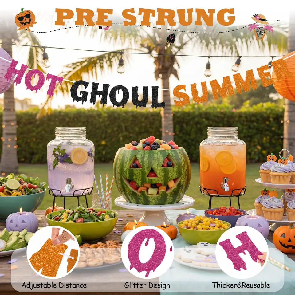 Pre Strong Hot Ghoul Summer Banner Glitter Summerween Hawaii Pool Party Banner, Funny Spooky Summers  Halloween Decorations