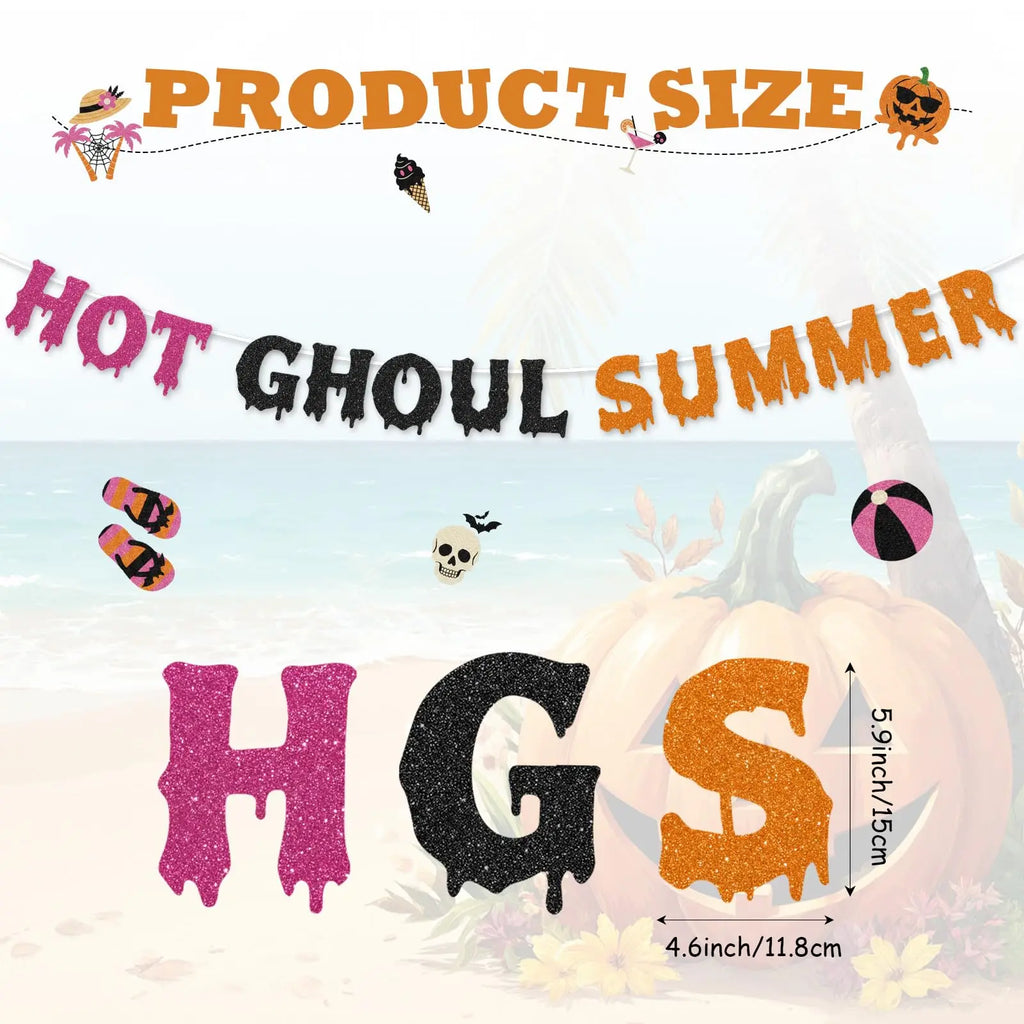 Pre Strong Hot Ghoul Summer Banner Glitter Summerween Hawaii Pool Party Banner, Funny Spooky Summers  Halloween Decorations