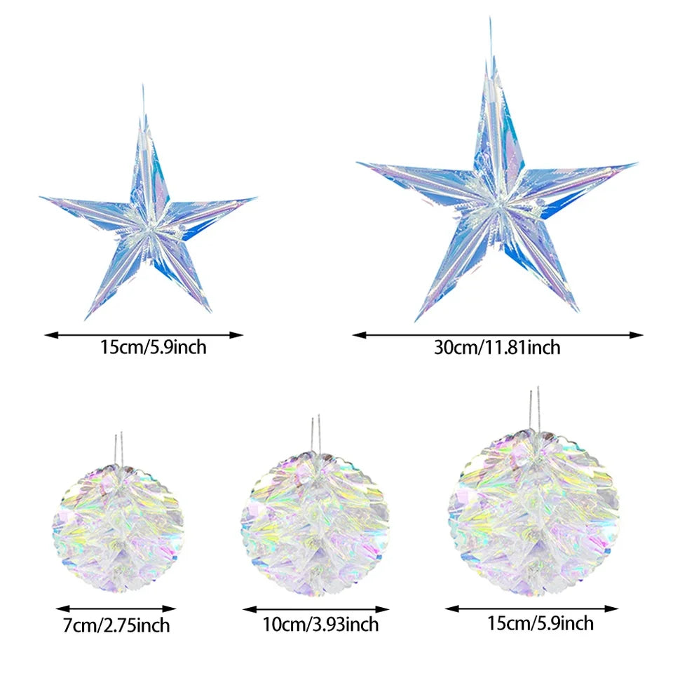 Christmas Star/Ball Hanging Ornament Shiny Laser Star Pendant Neon Color Film Paper Ball for Birthday Wedding Party Decoration