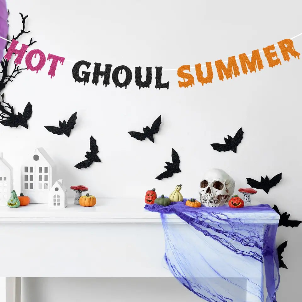 Pre Strong Hot Ghoul Summer Banner Glitter Summerween Hawaii Pool Party Banner, Funny Spooky Summers  Halloween Decorations