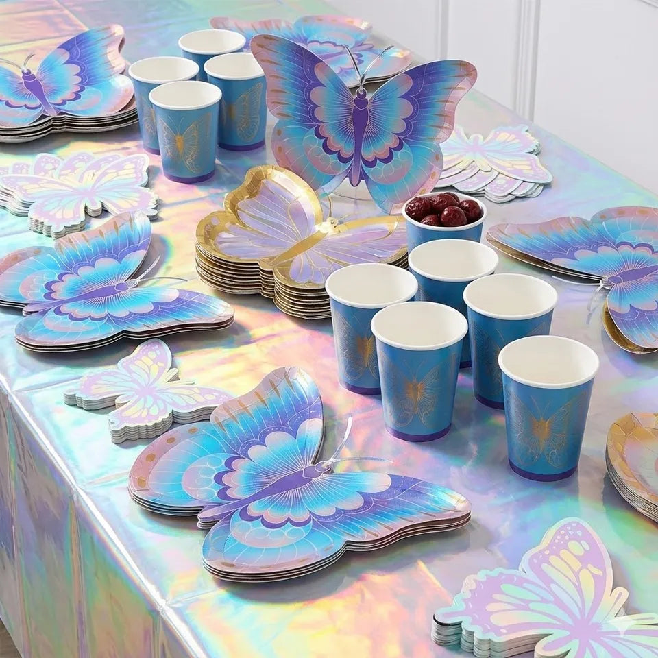 Butterfly Party Decor Colorful Glittering Tablecloths Butterfly-Shaped Plates Napkins Spring Picnic Camping Birthday Party Decor