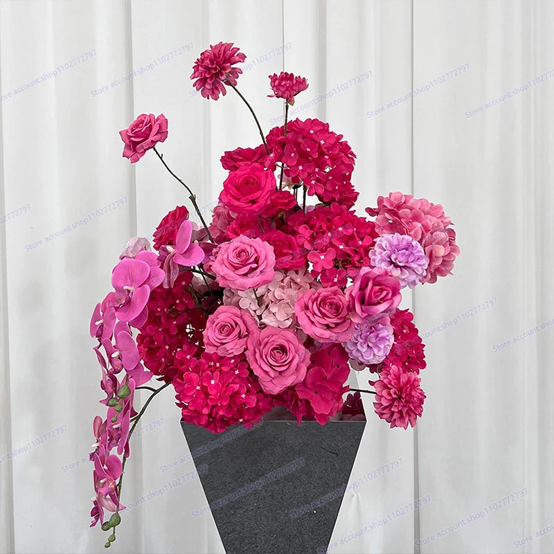 5D Floral Row Hot pink Hydrangea Pompom Rose Wedding Backdrop Arch KT Board Decor Banquet Floor Flower Party Prop Window Display